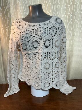 Boho Ultra Pink Crochet Lace Long-Sleeve Top - Cream